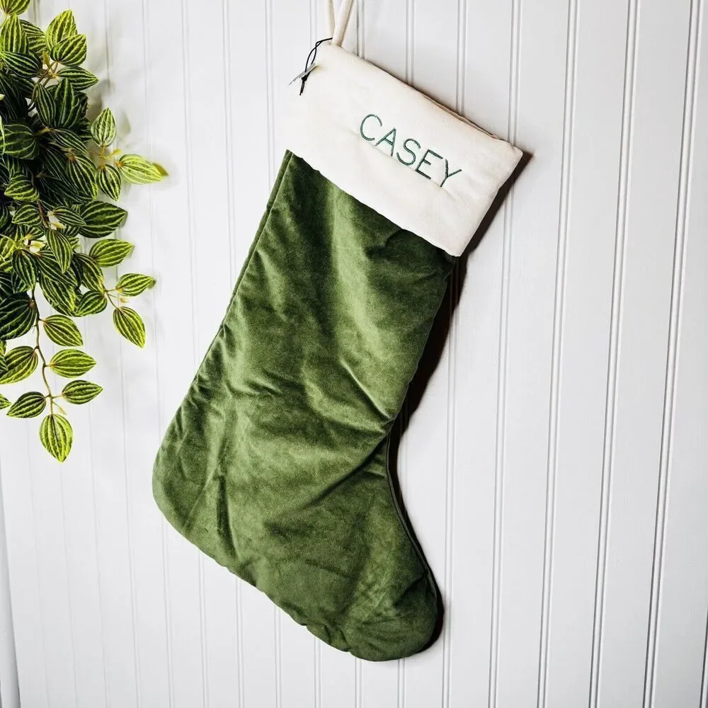 West Elm CASEY Oversized Christmas Stocking Green White Velvet Mono NWOT